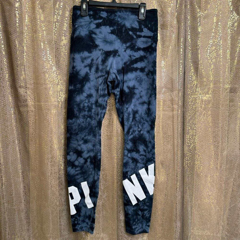 PINK Victorias Secret High Waist Blue‎ Black Tie Dye Logo Yoga Leggings Small